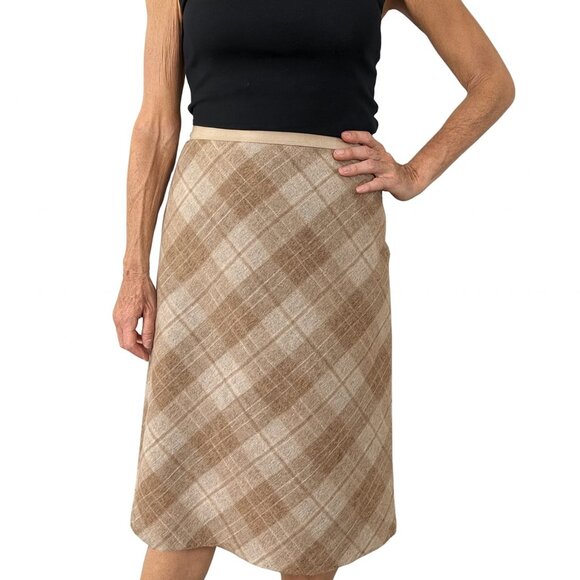 Vintage Express Wool Blend Plaid A-Line Midi Skirt Brown Beige Checkered Sze 1/2 - Picture 1 of 10